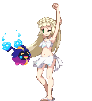 1girl arm_behind_head arm_up armpits bikini blonde_hair cosmog creatures_(company) game_freak gen_7_pokemon green_eyes legendary_pokemon lillie_(pokemon) long_hair lowres midriff nintendo one_eye_closed pixel_art pokemon pokemon_(anime) pokemon_(creature) pokemon_sm pokemon_sm_(anime) sandals shirokuro_(oyaji) simple_background swimsuit white_background white_bikini