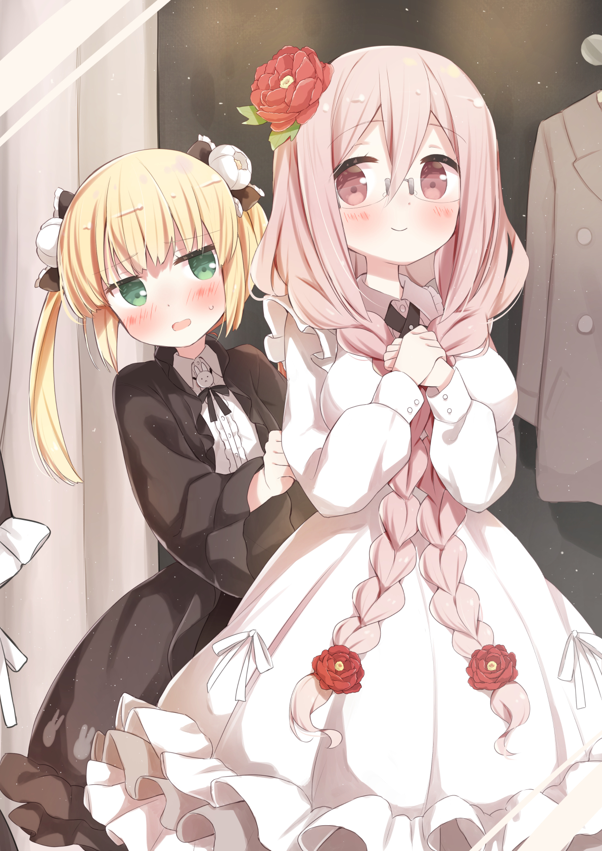 2girls adjusting_another's_clothes anne_happy blonde_hair blush braid commentary_request cross_tie dress flower frilled_dress frills glasses green_eyes hair_flower hair_ornament highres ichiyo12 jitome kumegawa_botan long_hair long_sleeves looking_to_the_side multiple_girls neck_ribbon open_mouth own_hands_together pink_eyes pink_hair ribbon sayama_tsubaki smile sweat twin_braids twintails very_long_hair