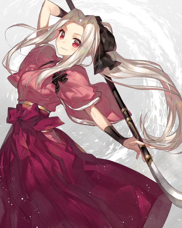 1girl chocoan fate/zero fate_(series) female_focus holding holding_weapon instructor_iri irisviel_von_einzbern japanese_clothes long_hair looking_at_viewer naginata official_alternate_costume polearm ponytail red_eyes smile solo weapon white_hair