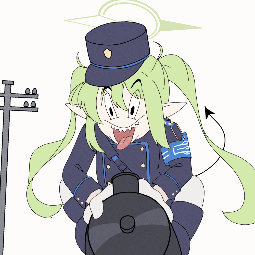 1girl animated animated_gif armband black_hat black_jacket black_tail blue_archive blue_armband commentary_request gloves green_hair green_halo hair_between_eyes halo hat hrna jacket korean_commentary long_hair long_sleeves on_vehicle open_mouth peaked_cap pointy_ears scene_reference sharp_teeth solo teeth tom_and_jerry tongue tongue_out train twintails upper_teeth_only white_gloves
