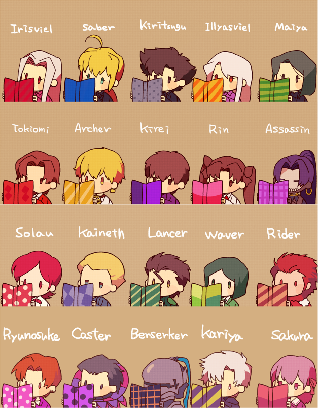 6+boys ahoge artoria_pendragon_(fate) assassin_(fate/zero) bad_id bad_pixiv_id berserker_(fate/zero) book character_name chibi diarmuid_ua_duibhne_(fate) diarmuid_ua_duibhne_(lancer)_(fate) earrings emiya_kiritsugu fate/zero fate_(series) female_assassin_(fate/zero) gilgamesh_(fate) gilles_de_rais_(caster)_(fate) gilles_de_rais_(fate) hisau_maiya hoop_earrings illyasviel_von_einzbern irisviel_von_einzbern iskandar_(fate) jewelry kayneth_archibald_el-melloi kotomine_kirei kotomine_kirei_(fate/zero) male_focus matou_kariya matou_sakura matou_sakura_(fate/zero) multiple_boys naoko_(juvenile) open_book ponytail reading saber_(fate) simple_background sola-ui_nuada-re_sophia-ri tohsaka_rin tohsaka_rin_(fate/zero) tohsaka_tokiomi uryuu_ryuunosuke waver_velvet