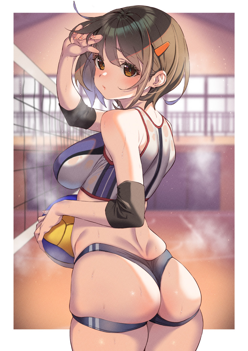 1girl ass ass_cutout ball black_shorts blush breasts brown_eyes brown_hair clothing_cutout commentary elbow_sleeve eyelashes hair_ornament hairclip hand_up has_a_figure highres indoors kink_(tortoiseshell) large_breasts lips looking_back original revealing_clothes short_hair shorts solo sportswear steaming_body sweat t-back_spats tank_top thick_thighs thighs thong volleyball volleyball_(object) volleyball_net volleyball_uniform wet wet_clothes window