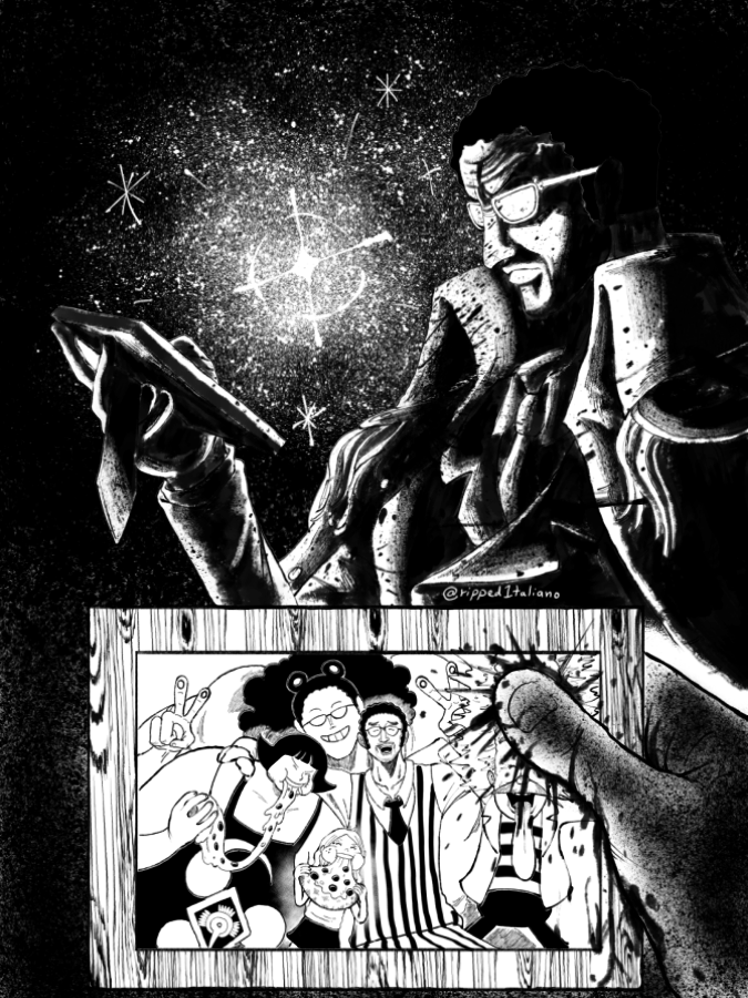 1boy animal_ears bartholomew_kuma bear_ears black_hair blood borsalino_(kizaru) coat coat_on_shoulders commentary dr._vegapunk eating english_commentary food glasses holding holding_food holding_photo holding_pizza injury jewelry_bonney long_hair looking_at_object monochrome one_piece photo_(object) pizza pizza_slice ripped1taliano sentoumaru shirt short_hair sleeveless sleeveless_shirt smile sunglasses tomoe_(symbol) tongue tongue_out v
