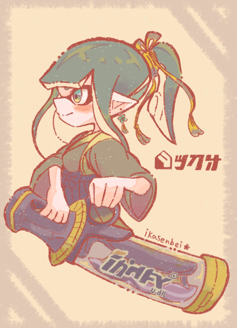 1girl blue_hakama closed_mouth commentary_request cropped_legs decavitator_(splatoon) earrings green_eyes green_hair green_haori hakama hakama_skirt haori high_ponytail holding holding_sword holding_weapon ikasenbei_414 inkling inkling_girl inkling_player_character japanese_clothes jewelry long_hair looking_ahead nintendo pointy_ears ponytail skirt smile solo splatoon_(series) splatoon_3 sword tassel tassel_earrings tentacle_hair weapon white_background