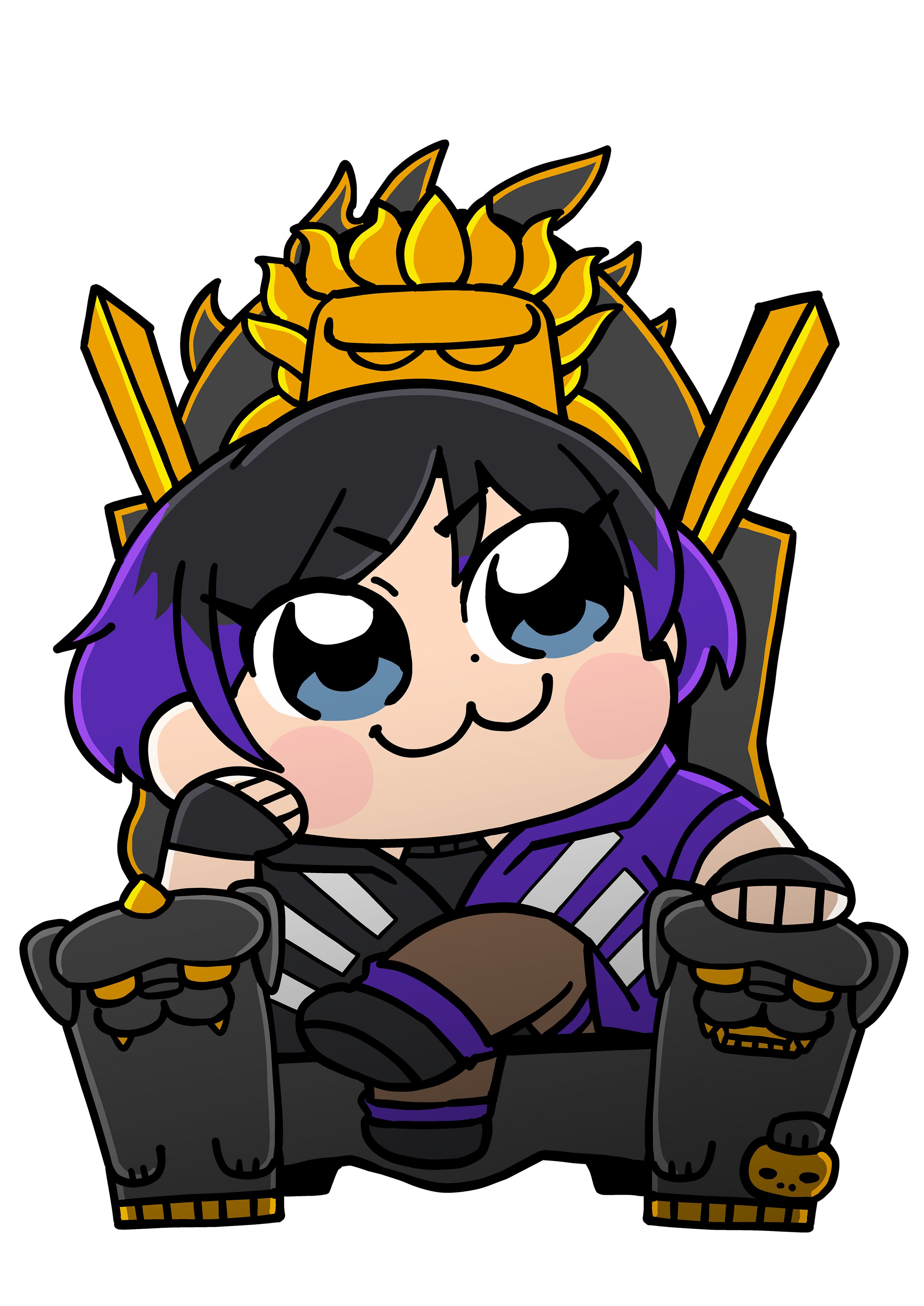1girl :3 absurdres bkub black_gloves black_hair black_jacket blue_eyes blush_stickers chibi chibi_only colored_tips crossed_legs fingerless_gloves full_body gloves head_rest highres jacket looking_up multicolored_hair multicolored_jacket non-web_source official_art purple_hair purple_jacket reina_(tekken) short_hair simple_background sitting sitting_on_throne solo tekken tekken_8 throne two-tone_hair two-tone_jacket white_background