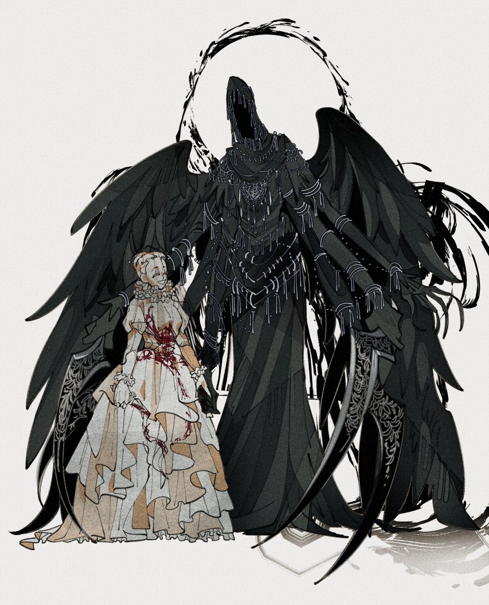 2girls black_robe black_wings blood blood_on_hands blood_on_stomach blood_splatter bloodborne closed_eyes closed_mouth commentary dagger drenched-in-sunlight dress english_commentary extra_arms faceless faceless_female feathered_wings feathers height_difference highres holding holding_dagger holding_hands holding_knife holding_sword holding_weapon hood hood_up knife mergo&#039;s_wet_nurse multiple_girls multiple_wielding open_mouth pale_skin robe scythe smile standing sword tall_female triangle_mouth v-shaped_eyebrows veil weapon wedding_dress white_background white_dress white_hair wings wrist_cuffs yharnam_phtumerian_queen