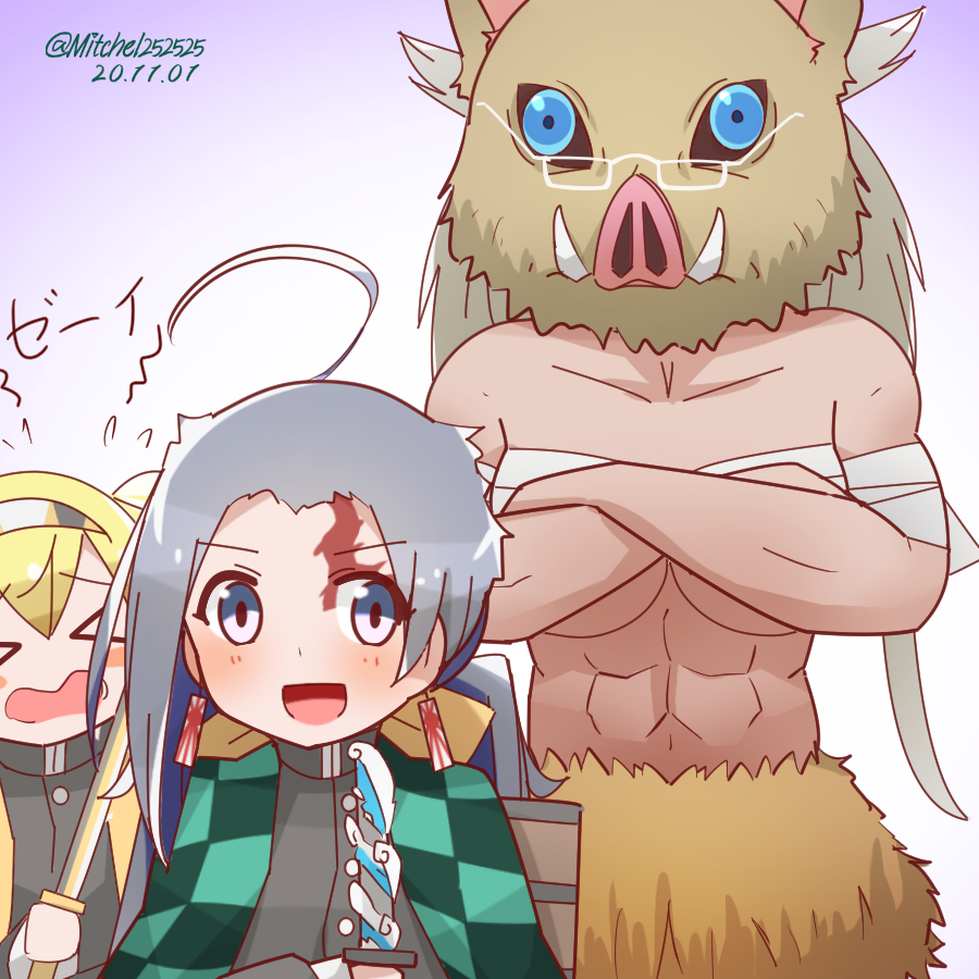 3girls abs agatsuma_zenitsu agatsuma_zenitsu_(cosplay) ahoge blonde_hair boar_mask cosplay crossed_arms dark-skinned_female dark_skin dated earrings gakuran gambier_bay_(kancolle) glasses gradient_background grey_hair hair_ribbon hairband hashibira_inosuke hashibira_inosuke_(cosplay) holding holding_sword holding_weapon jewelry kamado_tanjirou kamado_tanjirou_(cosplay) kantai_collection kiyoshimo_(kancolle) mitchell_(dynxcb25) multiple_girls musashi_(kancolle) pixiv_id purple_background ribbon sarashi scar scar_on_face scar_on_forehead school_uniform simple_background sword weapon white_hair yellow_ribbon