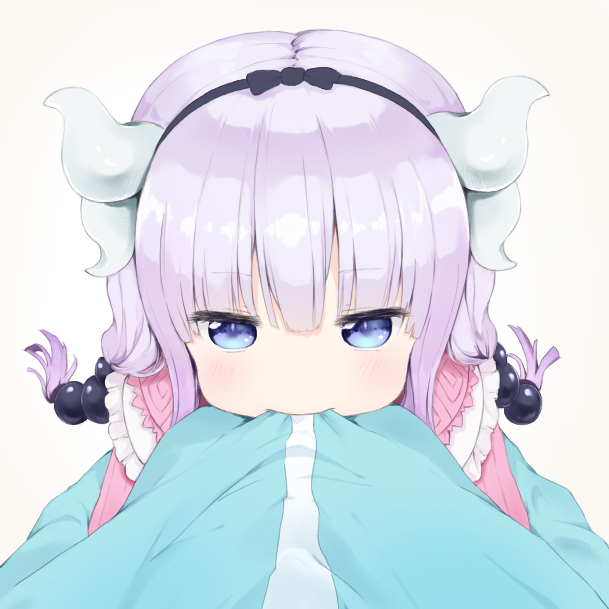 10s 2girls biting biting_clothes blue_eyes blue_shirt blush closed_mouth dragon_girl dragon_horns female_pov from_above hairband horns hug kanna_kamui kobayashi-san_chi_no_maidragon kobayashi_(maidragon) light_purple_hair long_hair low_twintails multiple_girls pov pov_hug sagoshi shirt simple_background solo_focus twintails white_background