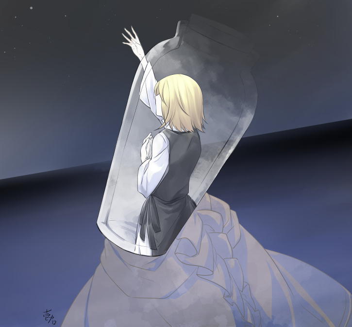 1girl arm_up artist_name back blonde_hair bottle dress dutch_angle evillious_nendaiki habit holding holding_bottle ichi_ka kagamine_rin message_in_a_bottle night night_sky nun ocean reaching reaching_towards_viewer regret_message_(vocaloid) riliane_lucifen_d&#039;autriche short_hair sky solo star_(sky) starry_sky transparent vocaloid