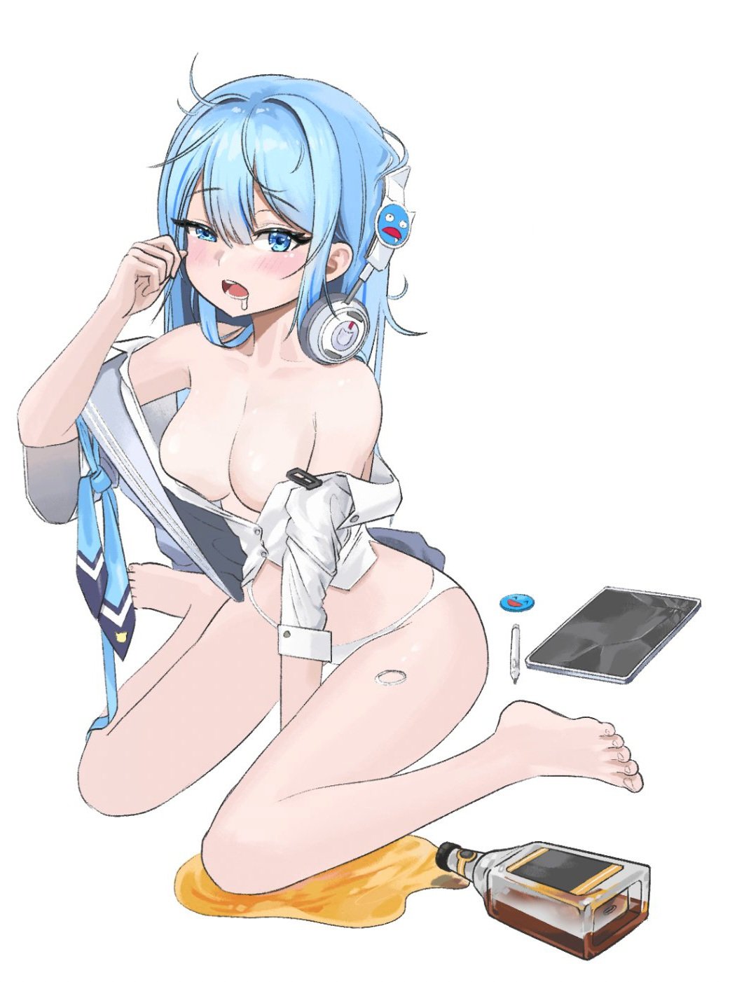 1girl alcohol animal_ear_headphones animal_ears artist_request barefoot between_legs blue_eyes blue_hair blush breasts cat_ear_headphones cleavage fake_animal_ears full_body goddess_of_victory:_nikke hand_between_legs headphones headset headset_removed highres long_hair looking_at_viewer medium_breasts neckerchief no_bra no_pants no_shoes open_clothes open_mouth open_shirt panties partially_undressed scotch_whisky shifty_(nikke) simple_background sitting skirt solo tablet_pc underwear wariza whiskey white_background