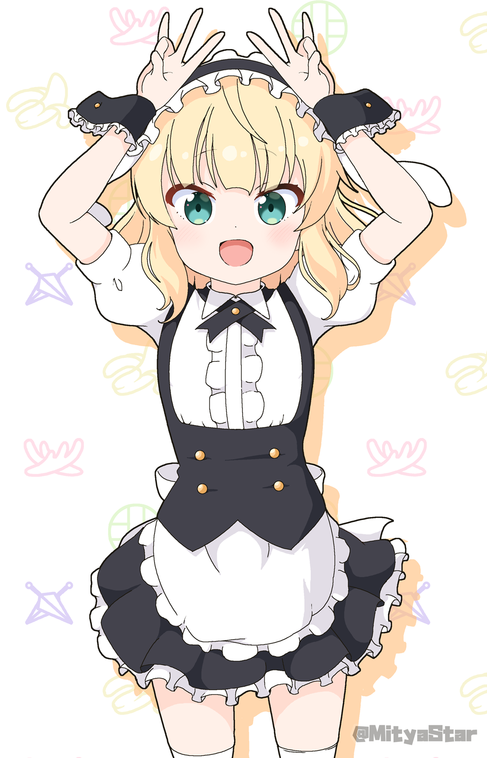 1girl :d apron arms_up black_skirt blonde_hair blush center_frills collared_shirt commentary_request cowboy_shot drop_shadow fleur_de_lapin_uniform frilled_apron frilled_skirt frills gochuumon_wa_usagi_desu_ka? green_eyes highres kirima_syaro looking_at_viewer mitya open_mouth pleated_skirt puffy_short_sleeves puffy_sleeves shirt short_sleeves simple_background skirt smile solo standing thighhighs twitter_username waist_apron waitress white_apron white_background white_shirt white_thighhighs wrist_cuffs