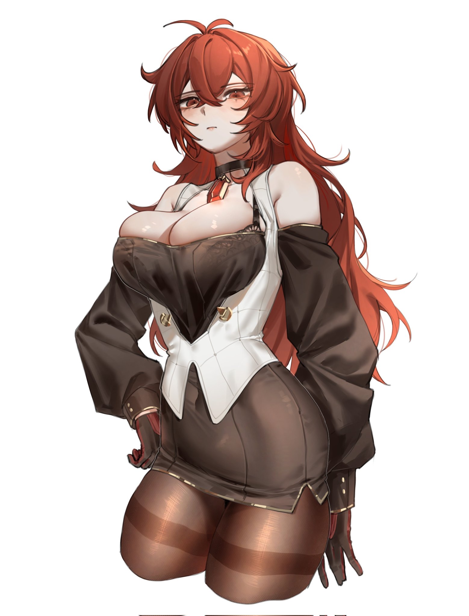 1girl black_bra black_choker blush bra breasts brown_dress brown_gloves brown_pantyhose choker closed_mouth diluc_(genshin_impact) dress genderswap genderswap_(mtf) genshin_impact gloves hair_between_eyes highres long_hair long_sleeves medium_breasts pantyhose red_eyes red_hair solo underwear zehuij