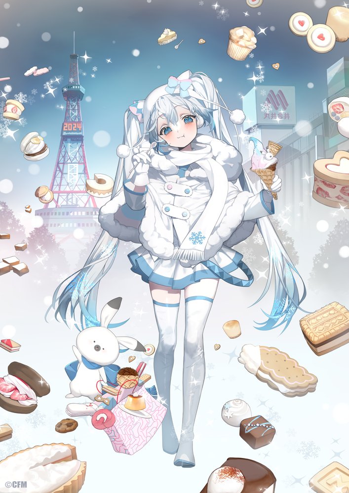 1girl 2024 animal bag blue_bow blue_eyes blue_hair blue_necktie blue_scarf blue_trim boots bow building cake character-themed_food cheese chocolate clock coat colored_tips commentary cookie copyright_notice cracker cream cupcake dessert digital_clock eating food food_request fruit full_body full_mouth fur-trimmed_coat fur_trim gloves hand_up hatsune_miku head_tilt heart heart-shaped_food holding holding_ice_cream_cone holding_spoon ice_cream ice_cream_cone ice_cream_spoon karo_(karohroka) lanyard light_blush logo long_hair looking_at_viewer miniskirt multicolored_hair necktie official_art pie pie_slice pleated_skirt pom_pom_(clothes) pudding rabbit rabbit_yukine sapporo_(city) sapporo_tv_tower scarf seven-segment_display shiny_clothes shopping_bag skirt snowflake_print snowflakes solo sparkle spoon standing strawberry strawberry_slice swiss_roll thigh_boots thighhighs tower tree twintails very_long_hair vocaloid waffle waffle_cone walking white_coat white_gloves white_hair white_headwear white_scarf white_skirt white_thighhighs yuki_miku yuki_miku_(2011) zettai_ryouiki