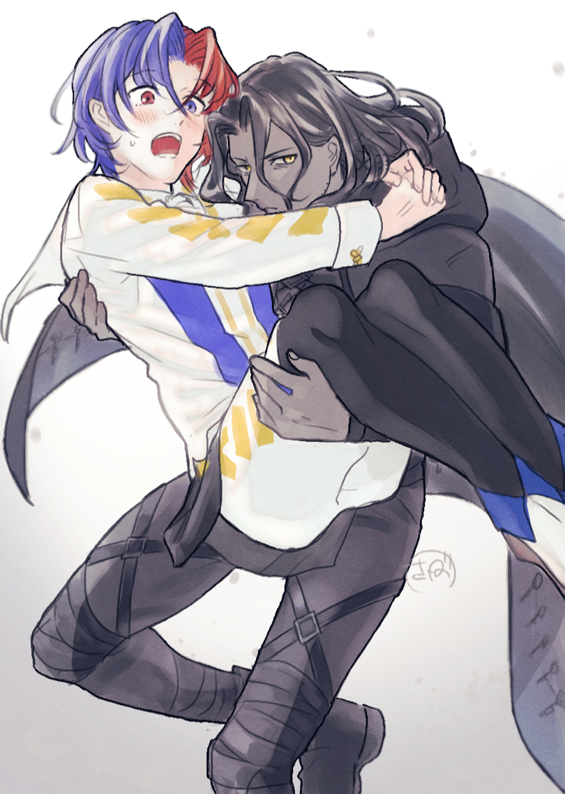 2boys male_alear_(fire_emblem) black_hair blue_eyes blue_hair carrying crossed_bangs dark-skinned_male dark_skin fire_emblem fire_emblem_engage hair_between_eyes heterochromia long_hair looking_at_viewer male_focus multicolored_hair multiple_boys nintendo pinkunoakuma princess_carry red_eyes red_hair short_hair split-color_hair two-tone_hair yellow_eyes zelkov_(fire_emblem)