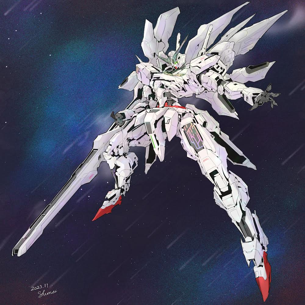 beam_cannon commentary dated energy_cannon full_body green_eyes gundam gundam_calibarn gundam_suisei_no_majo holding holding_cannon holding_weapon mecha mobile_suit no_humans robot science_fiction signature solo space star_(sky) thrusters user_pemg4534 v-fin weapon
