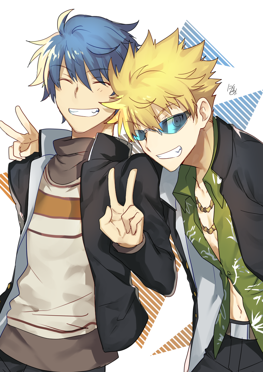 2boys aogami_pierce blonde_hair blue_hair closed_eyes gold_necklace grin highres jewelry male_focus multiple_boys necklace nikame school_uniform smile spiked_hair sunglasses toaru_majutsu_no_index tsuchimikado_motoharu v