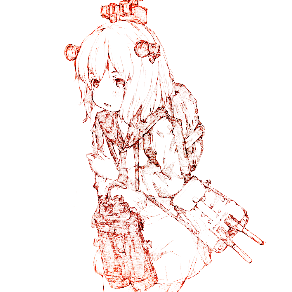 10s 1girl backpack bag binoculars female_focus gradient_filter gurin33 headgear kantai_collection looking_to_the_side monochrome rigging satchel school_uniform serafuku ship_turret simple_background solo white_background yukikaze_(kancolle)