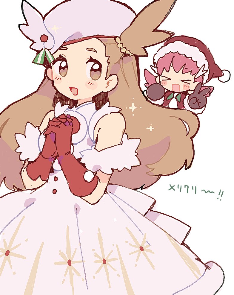 &gt;_&lt; 2girls :d :o bare_shoulders blush_stickers brown_eyes brown_hair commentary dress gloves hat interlocked_fingers jasmine_(holiday_2022)_(pokemon) jasmine_(pokemon) long_hair mbkmmm multiple_girls nintendo official_alternate_costume open_mouth own_hands_clasped own_hands_together pink_hair pokemon pokemon_masters_ex red_gloves smile symbol-only_commentary twintails v white_background white_dress white_hat whitney_(holiday_2022)_(pokemon) whitney_(pokemon)