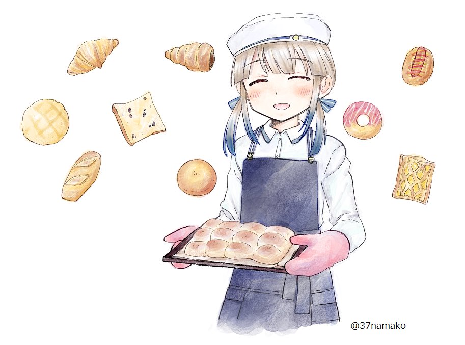 1girl 37kuki770 apron artist_name baker_nemo_(fate) baking_sheet black_apron blonde_hair blue_hair blue_ribbon blush bread chinese_commentary chocolate_cornet closed_eyes collared_shirt commentary_request croissant cropped_legs donut fate/grand_order fate_(series) food hair_ribbon hat holding holding_tray long_sleeves mittens mixed-language_commentary multicolored_hair nemo_(fate) open_mouth oven_mitts pastry patissier pie pink_mittens ribbon sailor_hat shirt short_twintails simple_background smile solo streaked_hair tray twintails two-tone_hair white_background white_hat white_shirt