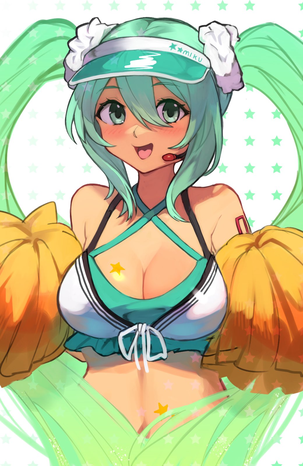 1girl :d bare_shoulders breasts cheerleader cleavage commentary_request green_eyes green_hair green_hat hair_between_eyes hair_ornament hair_scrunchie hat hatsune_miku headset highres long_hair medium_breasts navel open_mouth pom_pom_(cheerleading) r123 scrunchie simple_background smile solo star_(symbol) star_symbol_background twintails upper_body very_long_hair visor_cap vocaloid white_background white_scrunchie