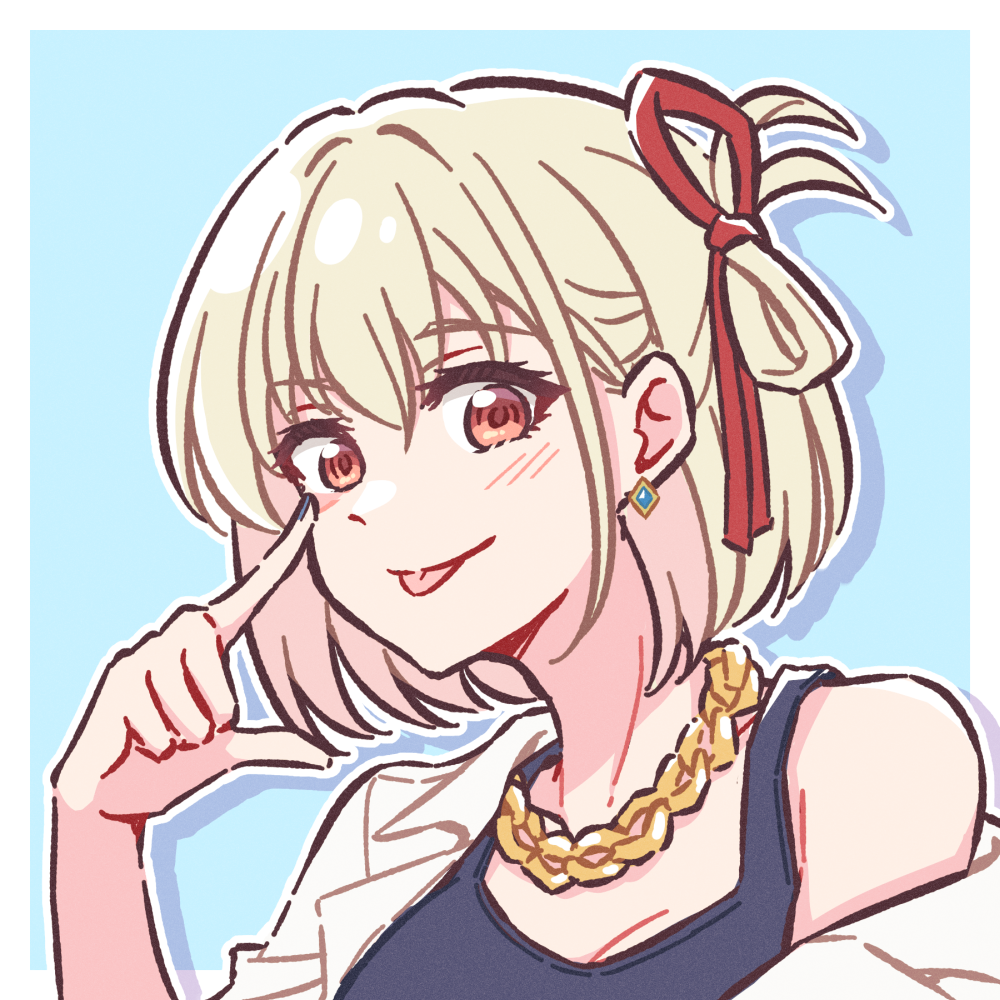 1girl akamirai blonde_hair chain earrings gold_chain jewelry looking_at_viewer lycoris_recoil necklace nishikigi_chisato portrait red_eyes red_ribbon ribbon short_hair single_earring smile tongue tongue_out