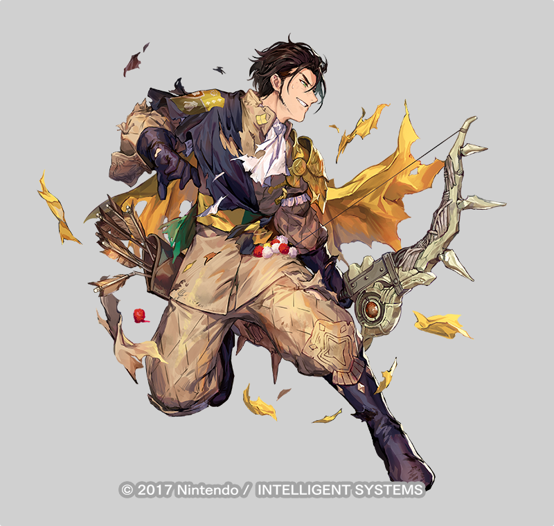 1boy arrow_(projectile) azu-taro black_boots boots bow_(weapon) cape capelet claude_von_riegan claude_von_riegan_(timeskip) copyright_notice earrings fire_emblem fire_emblem:_three_houses fire_emblem_heroes full_body green_eyes grey_background grin jewelry male_focus nintendo official_art smile solo torn_clothes weapon yellow_cape