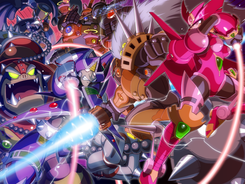 1girl 5boys agile_(mega_man) android armor botos_(mega_man) breasts clenched_teeth commentary_request energy_blade energy_sword energy_whip fangs ferham_(mega_man) fighting flail glowing glowing_eyes helmet holding holding_weapon jumping medium_breasts mega_man_(series) mega_man_x2 mega_man_x:_command_mission mega_man_x_(series) morning_star multiple_boys music musical_note napo open_mouth power_armor purple_eyes red_eyes robot scarface_(mega_man) serges_(mega_man) shoulder_spikes spikes sword sword_clash teeth violen_(mega_man) weapon whip white_eyes yellow_eyes