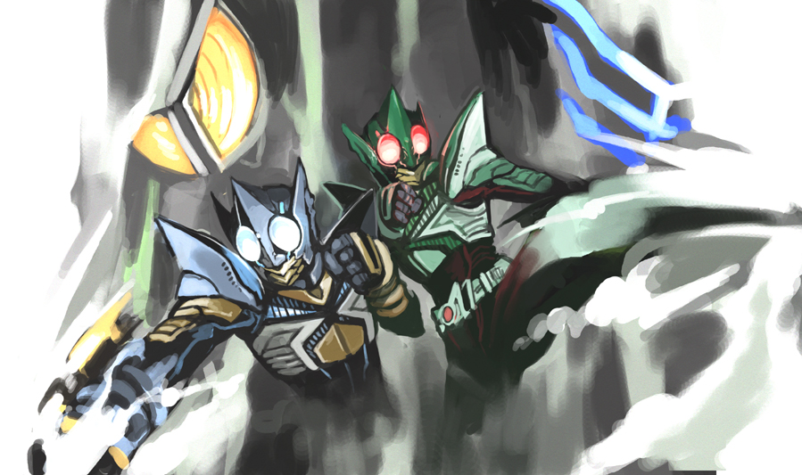 2boys clenched_hands fighting_stance helmet kamen_rider kamen_rider_555 kamen_rider_delta kamen_rider_kabuto_(series) kamen_rider_kick_hopper kamen_rider_punch_hopper kamen_rider_ryuki_(series) kamen_rider_tiger mask multiple_boys punching shigehiro_(hiroi_heya)
