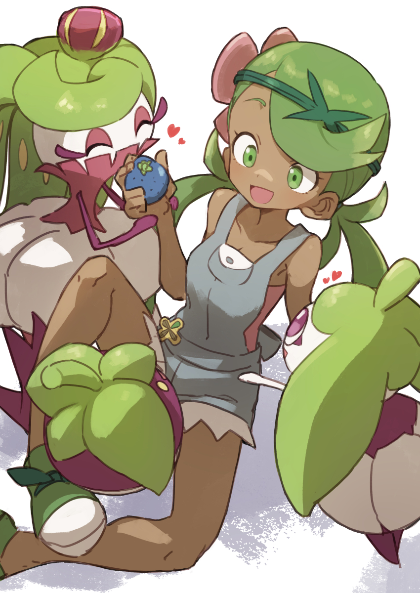 1girl :d ^_^ arm_support bare_shoulders berry_(pokemon) blush bounsweet closed_eyes collarbone commentary_request dark-skinned_female dark_skin evolutionary_line flower food fruit game_freak gazacy_(dai) gen_7_pokemon green_eyes green_hair green_headband green_shoes grey_overalls grey_shorts hair_flower hair_ornament hand_up headband heart highres holding holding_food holding_fruit knee_up long_hair low_twintails mallow_(pokemon) nintendo open_mouth oran_berry overall_shorts overalls parted_bangs pink_flower pink_shirt plant pokemon pokemon_(creature) pokemon_sm shirt shoes short_shorts shorts simple_background sitting smile solo steenee swept_bangs tsareena twintails vines white_background