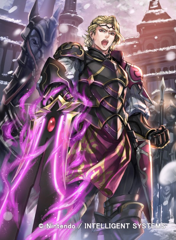 1boy armor blonde_hair copyright_name faceless faceless_male fire_emblem fire_emblem_cipher fire_emblem_fates gloves helmet horse kuroba.k male_focus nintendo official_art open_mouth polearm red_eyes snowing spear sword teeth tiara weapon xander_(fire_emblem)