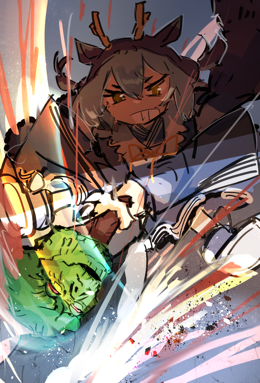 1girl apron axe axe_of_despair blue_hair blue_kimono clenched_teeth dragon_girl duel_monster hatano_kiyoshi highres holding holding_axe japanese_clothes kimono laundry_dragonmaid maid maid_apron solo teeth wa_maid yellow_eyes yu-gi-oh!