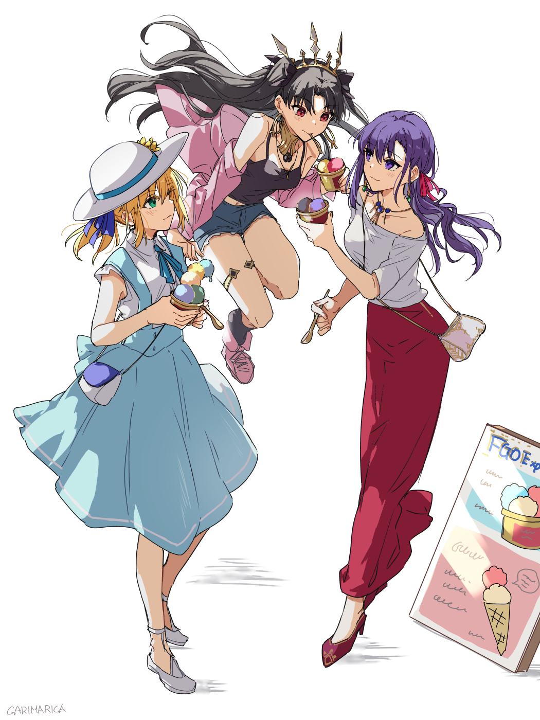 3girls artoria_pendragon_(fate) bare_shoulders black_hair blonde_hair blush breasts carimarica fate/grand_order fate_(series) green_eyes highres ishtar_(fate) jacket large_breasts long_hair long_sleeves matou_sakura medium_breasts multiple_girls parvati_(fate) purple_eyes purple_hair red_eyes saber_(fate) small_breasts smile