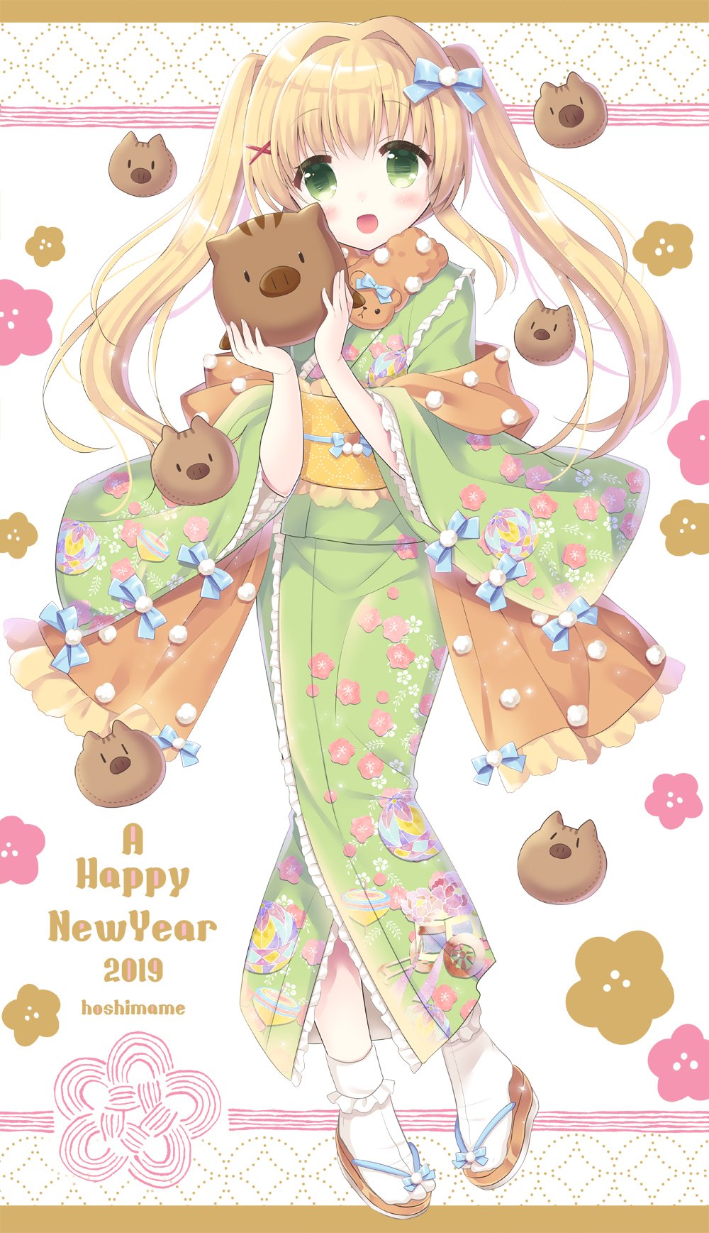 1girl 2019 :d alternate_costume animal artist_name blonde_hair blue_bow blush boar botan_(clannad) bow cherry_blossom_print chinese_zodiac clannad colored_eyelashes commentary_request company_connection crossover dated eyes_visible_through_hair floating_hair floral_print frilled_kimono frilled_sleeves frills full_body green_eyes green_kimono hair_between_eyes hair_bow hair_intakes hair_ornament hands_up happy_new_year highres holding holding_animal hoshimame_mana japanese_clothes key_(company) kimono long_hair long_sleeves looking_at_viewer new_year open_mouth pom_pom_(clothes) pom_pom_hair_ornament sandals sash sidelocks simple_background smile solo standing summer_pockets tabi tsumugi_wenders white_background wide_sleeves x_hair_ornament year_of_the_pig yellow_sash yukata zouri