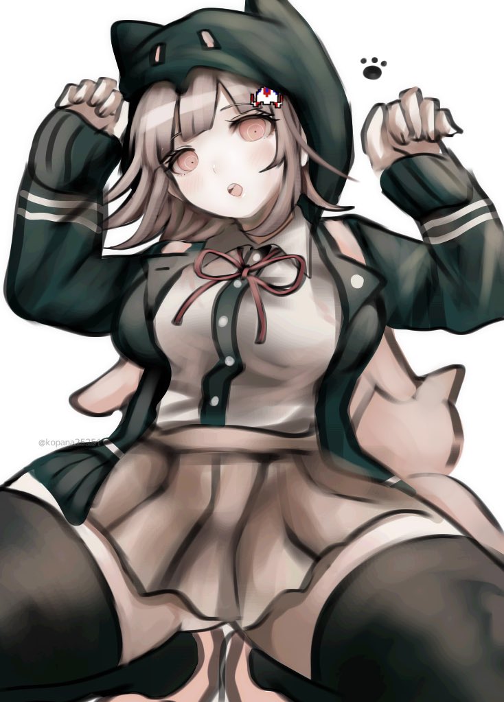 1girl animal_bag blush breasts brown_hair brown_skirt cat_bag collared_shirt danganronpa_(series) danganronpa_2:_goodbye_despair flipped_hair galaga hair_ornament hands_up hood ikemen&#039;na_ore-shi jacket large_breasts long_sleeves looking_at_viewer medium_hair nanami_chiaki neck_ribbon open_clothes open_jacket paw_pose pink_bag pink_eyes pink_ribbon pleated_skirt ribbon shirt skirt solo spaceship_hair_ornament squatting thighhighs two-tone_shirt white_shirt