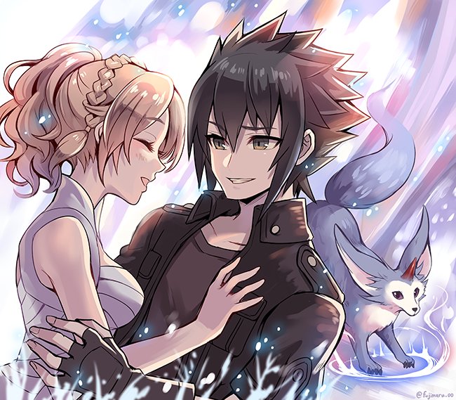 1boy 1girl black_hair black_jacket black_shirt blonde_hair blush braid breasts brown_eyes carbuncle_(final_fantasy) closed_eyes couple dress final_fantasy final_fantasy_xv fingerless_gloves fujimaru_(green_sparrow) gloves grin hair_between_eyes hand_on_another&#039;s_chest jacket long_hair looking_at_another lunafreya_nox_fleuret medium_breasts noctis_lucis_caelum open_mouth parted_bangs ponytail shirt short_hair sleeveless sleeveless_dress smile spiked_hair teeth upper_body white_dress