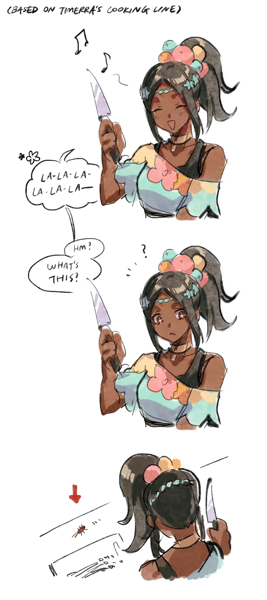 1girl black_hair brown_eyes circlet closed_eyes crop_top dark-skinned_female dark_skin english_text fire_emblem fire_emblem_engage hahahashagi hair_ornament highres holding holding_knife jewelry knife necklace nintendo official_alternate_costume open_mouth ponytail smile solo speech_bubble timerra_(fire_emblem) white_background