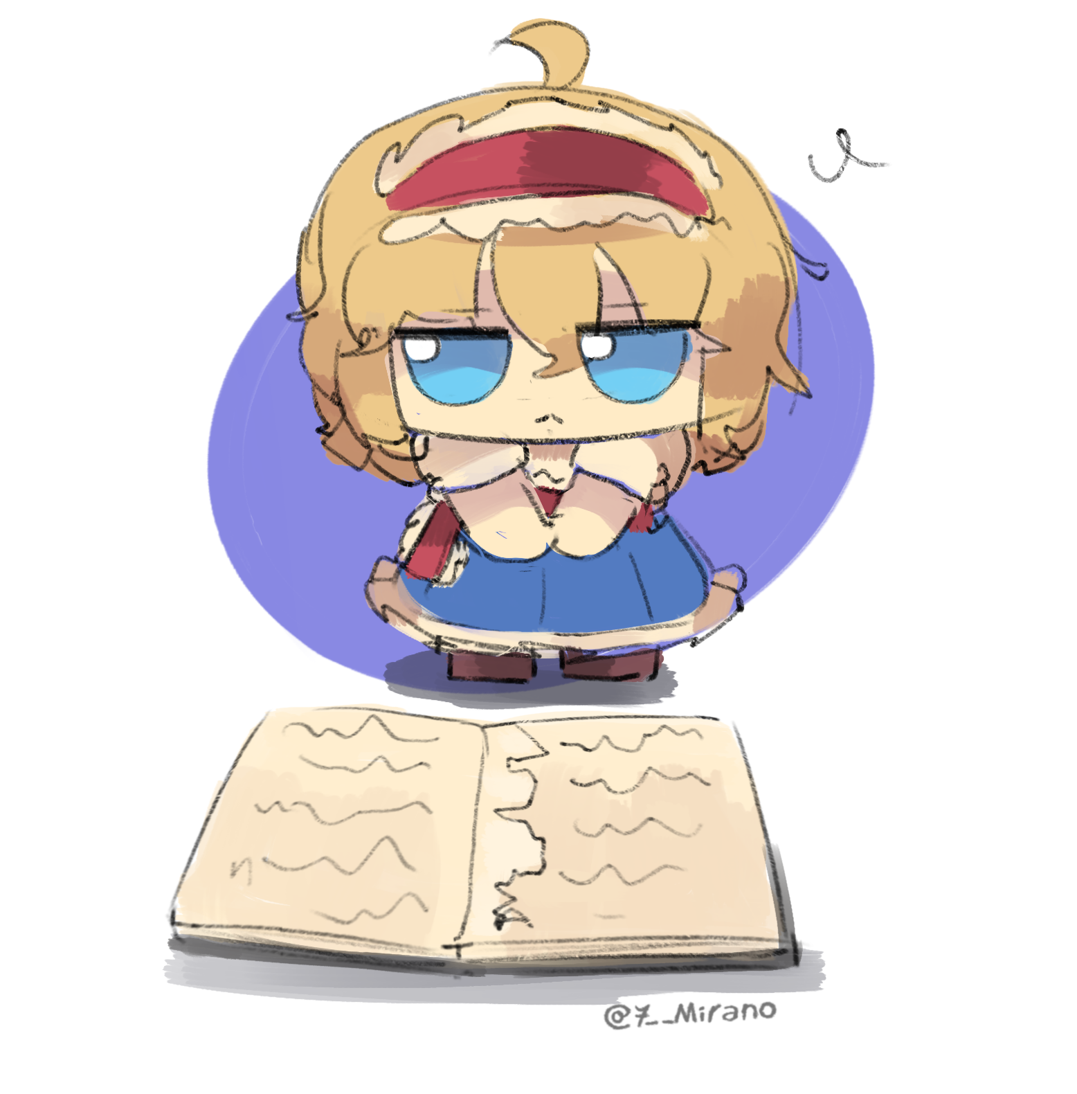 1girl 7-mirano alice_margatroid blonde_hair blue_dress blue_eyes book capelet dress frills fumo_(doll) grimoire grimoire_of_alice hairband highres open_book page_tear revealing_layer short_hair solo touhou