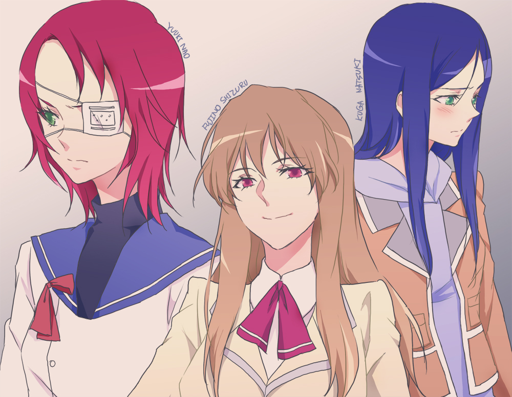 00s 3girls bad_id bad_pixiv_id blue_hair blush brown_hair eyepatch fujino_shizuru green_eyes jacket kuga_natsuki long_hair multiple_girls my-hime negom parted_bangs red_eyes red_hair school_uniform sidelocks smirk yuuki_nao