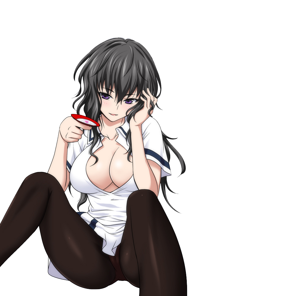 1girl :d alcohol blush bowl breasts cleavage drunk large_breasts long_hair maji_de_watashi_ni_koi_shinasai! maji_de_watashi_ni_koi_shinasai!_s musashibou_benkei open_mouth panties panties_under_pantyhose pantyhose pantyshot parted_lips purple_eyes sake short_sleeves simple_background sitting smile spread_legs transparent_background underwear white_background