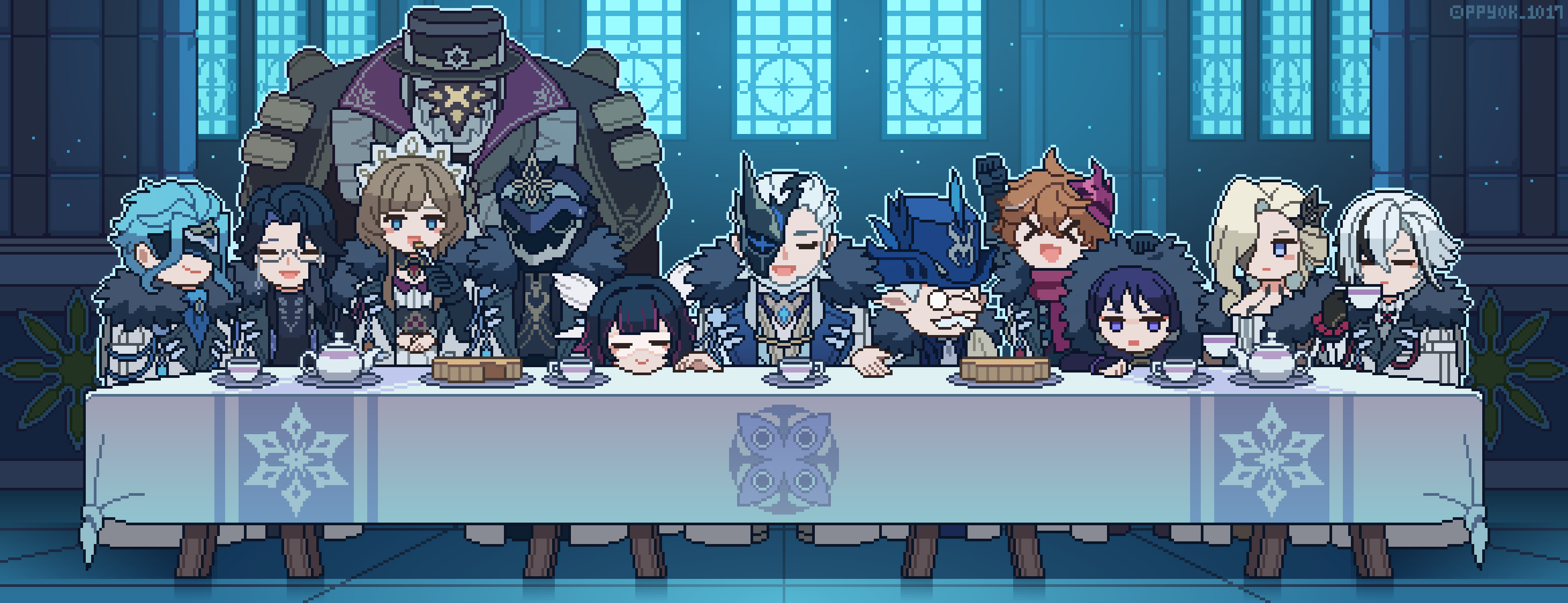 &gt;_&lt; 4girls 6+boys :d arlecchino_(genshin_impact) black_hair blonde_hair blue_eyes brown_hair capitano_(genshin_impact) chibi chibi_only closed_eyes closed_mouth coat columbina_(genshin_impact) covered_eyes cup dottore_(genshin_impact) eye_mask feeding fine_art_parody food fork full_body fur-trimmed_hood fur_collar fur_trim genshin_impact glasses grey_hair hair_between_eyes hair_over_one_eye half_mask hat head_on_table head_rest height_difference highres holding holding_cup holding_fork hood hood_up humanoid_robot indoors long_hair long_nose long_sleeves long_table mask mask_on_head mask_over_one_eye multicolored_hair multiple_boys multiple_girls one_eye_covered open_mouth pantalone_(genshin_impact) parody pierro_(genshin_impact) pixel_art pointy_ears ppyok_1017 pulcinella_(genshin_impact) purple_eyes purple_hair rectangular_mouth robot sandrone_(genshin_impact) scaramouche_(genshin_impact) short_hair signora_(genshin_impact) smile table tablecloth tartaglia_(genshin_impact) teacup teapot the_last_supper top_hat two-tone_hair xd