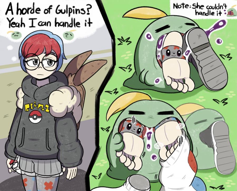 1girl backpack bad_end bag barefoot coat crypt456 defeat eating feet foot_focus game_freak gen_3_pokemon glasses gulpin instant_loss multicolored_hair nintendo outdoors penny_(pokemon) poke_ball pokemon pokemon_(creature) pokemon_sv shoes short_hair soles swallowing toes unworn_shoes unworn_socks vore