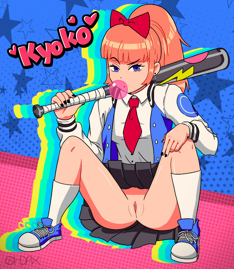 1girl baseball_bat blue_eyes bow breasts character_name chewing_gum earrings heart jacket jewelry kunio-kun_series kyoko_(kunio-kun) long_hair necktie ohdax orange_hair ponytail pussy red_bow river_city_girls shoes sitting skirt socks upskirt