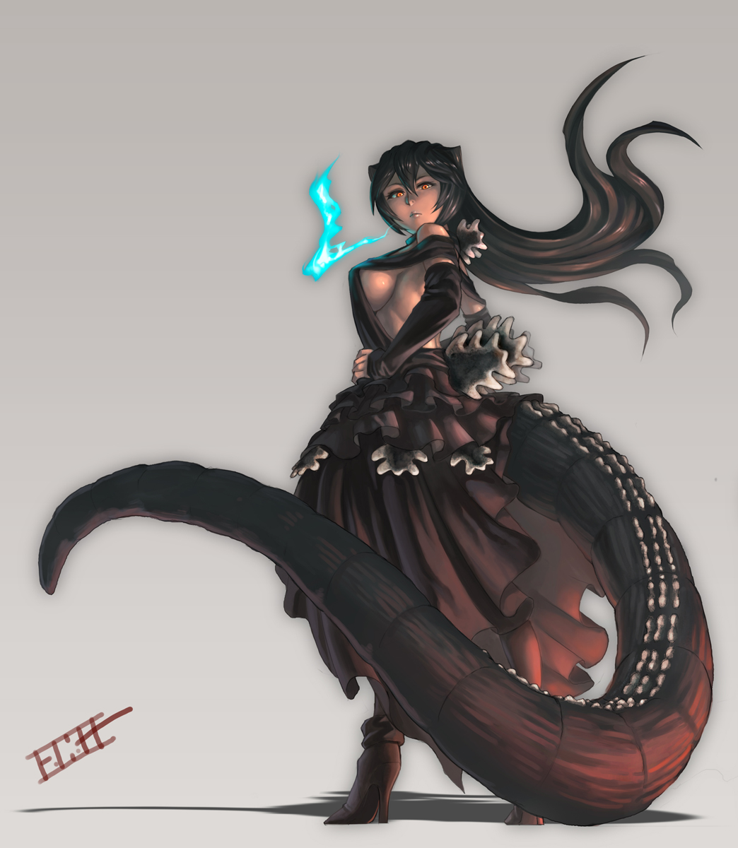 1girl black_hair breasts dress female_focus gamerag godzilla godzilla_(series) high_heels highres large_breasts lips long_hair monster_girl orange_eyes personification sideboob signature solo tail toho
