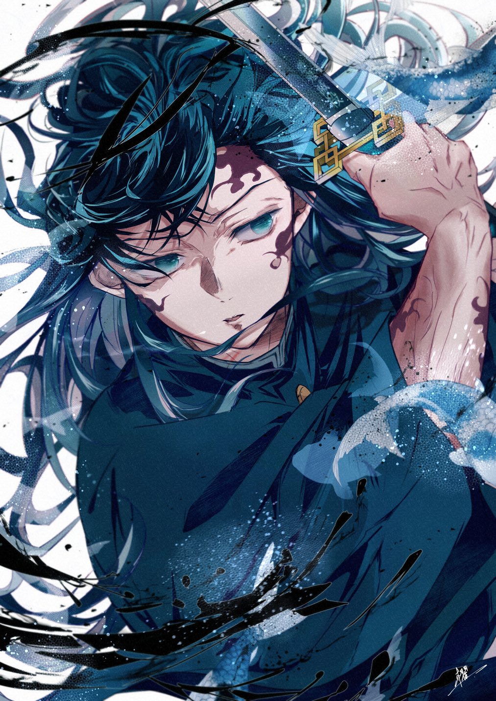1boy aqua_eyes black_hair blue_hair chinese_text demon_slayer_uniform facial_mark fighting_stance fish floating_hair highres holding holding_weapon japanese_clothes kai_mtitsu katana kimetsu_no_yaiba koi long_hair long_sleeves looking_to_the_side male_focus multicolored_hair parted_lips simplified_chinese_text solo streaked_hair sword sword_writing tokitou_muichirou upper_body veins veiny_arms very_long_hair weapon white_background wide_sleeves
