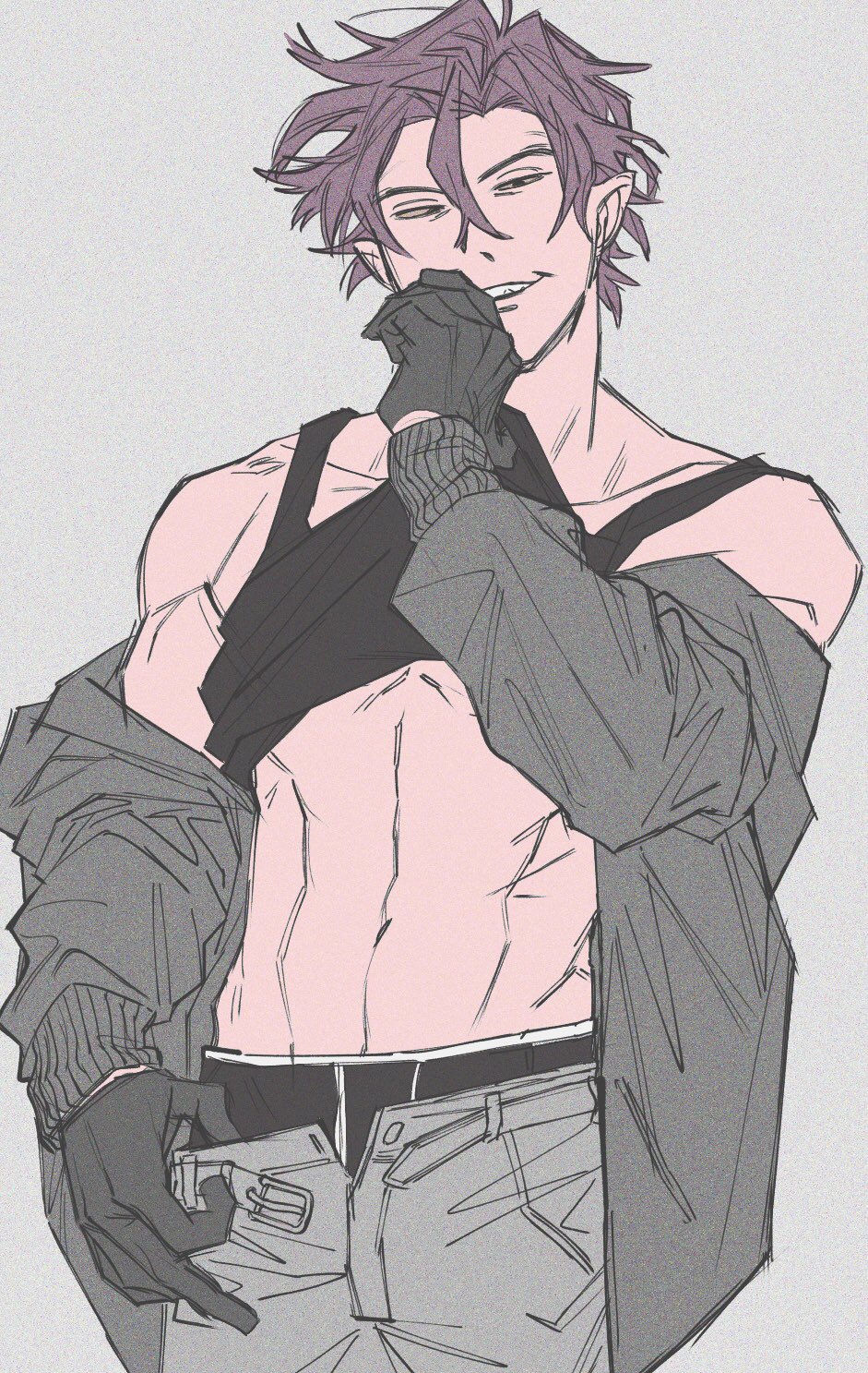 1boy black_male_underwear black_tank_top cardigan chicken_little clothes_lift foxy_loxy grey_cardigan grey_pants grin hair_between_eyes highres humanization looking_at_viewer male_focus male_underwear male_underwear_peek narrowed_eyes navel open_cardigan open_clothes pants pointy_ears purple_hair shirt_lift smile tank_top underwear uochandayo