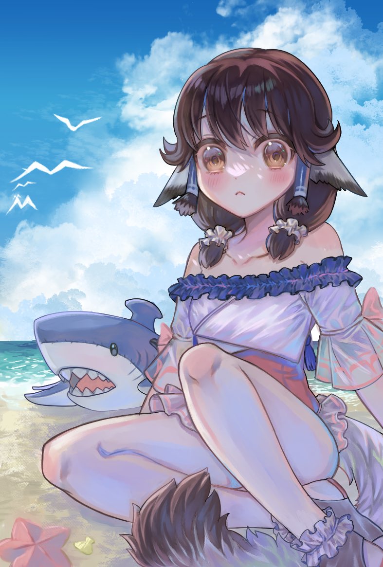 1girl ainu_clothes animal_ears aquaplus aruruu bare_shoulders bath bird blue_sky breasts brown_eyes brown_hair closed_mouth cloud cloudy_sky collarbone frilled_swimsuit frills full_body hair_between_eyes medium_hair off_shoulder outdoors peonymochi raised_eyebrows sand seagull shark short_sleeves sidelocks sitting sky small_breasts solo swimsuit tail thighs twintails utawarerumono utawarerumono:_lost_flag water