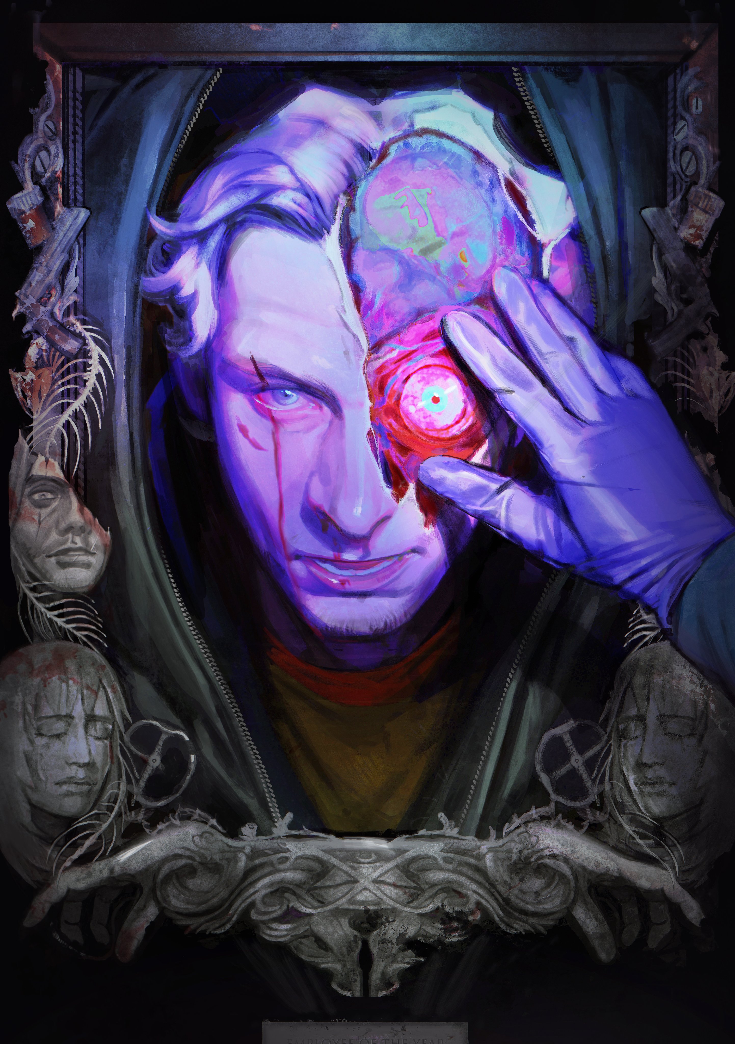 absurdres anya_(mouthwashing) blood blue_eyes bottle curly_(mouthwashing) curly_(post-crash)_(mouthwashing) curly_(pre-crash)_(mouthwashing) disembodied_hand disfigured exposed_brain exposed_muscle facial_hair finch_(mrf6414) fish_skeleton gloves gun handgun highres how_fish_is_made injury jimmy_(mouthwashing) looking_at_viewer male_focus medicine_bottle mouthwashing partially_colored shirt solo_focus valve weapon yellow_shirt zipper