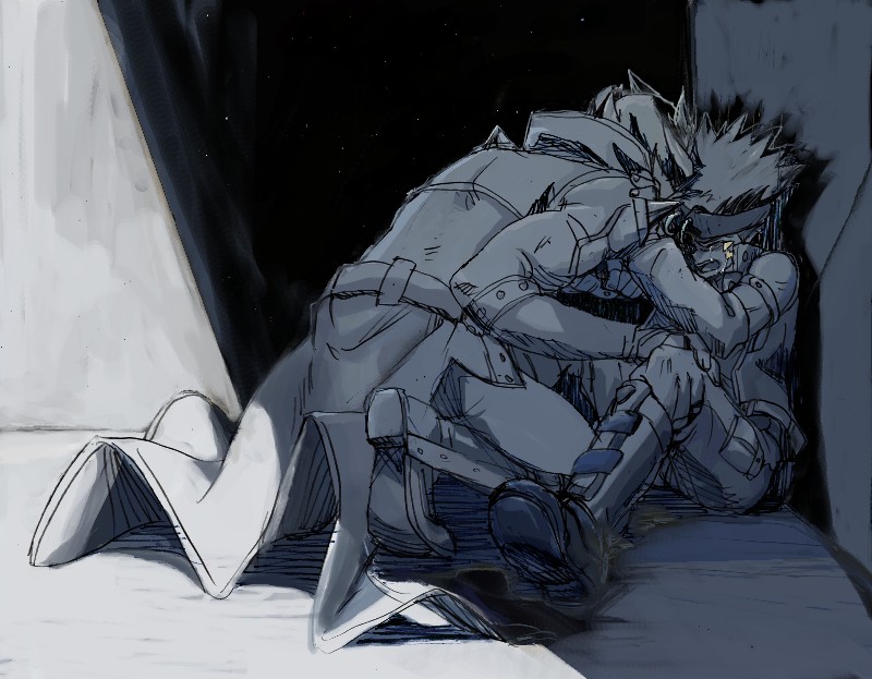 2boys against_wall alley boots coat comforting crow_hogan crying facing_away headband jack_atlas jacket multiple_boys on_ground on_one_knee open_clothes open_jacket oz_(cigarettes) partially_colored sitting_in_shadow trench_coat yu-gi-oh! yu-gi-oh!_5d&#039;s