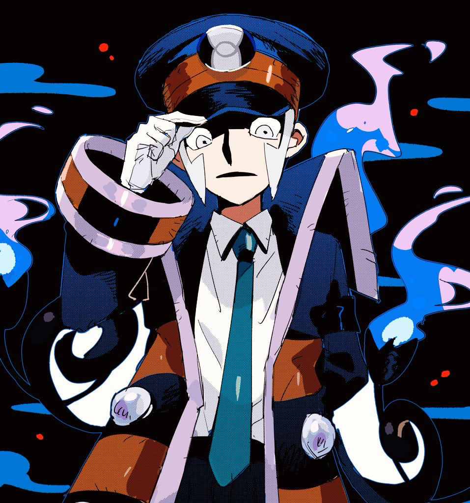 1boy adjusting_clothes adjusting_headwear arm_behind_back black_hat blue_necktie chandelure coat fire gen_5_pokemon gloves grey_eyes hat ingo_(pokemon) looking_at_viewer male_focus necktie nintendo onigiri_(ahku5522) parted_lips pokemon pokemon_bw shirt solo striped_coat white_gloves white_shirt