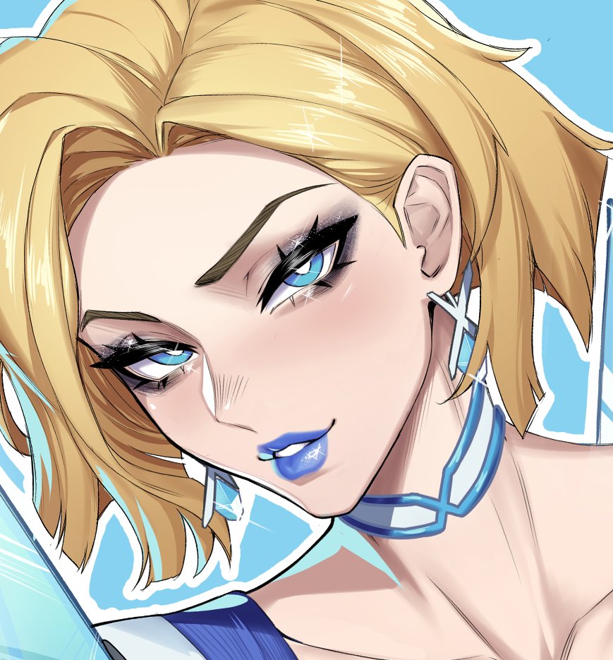 1girl black_eyeshadow blonde_hair blue_background blue_eyes blue_lips blue_trim blush choker close-up collarbone commentary earrings emma_frost english_commentary eyelashes eyeshadow glint hair_behind_ear hair_intakes jewelry lips lipstick looking_at_viewer makeup marvel marvel_rivals orouu parted_lips portrait short_hair solo thick_eyebrows upper_body white_choker x-men